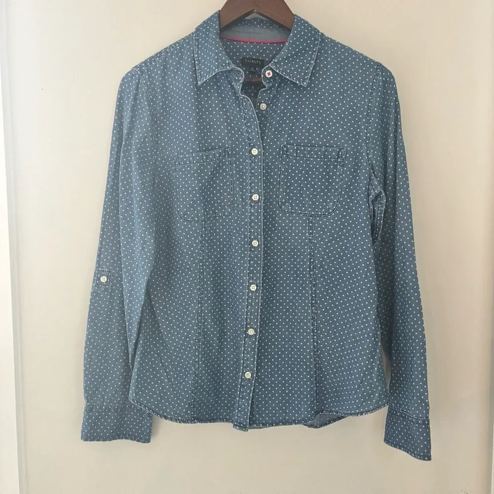 Talbots Polka Dot Chambray Button-Down Shirt – 100% Cotton Size 10